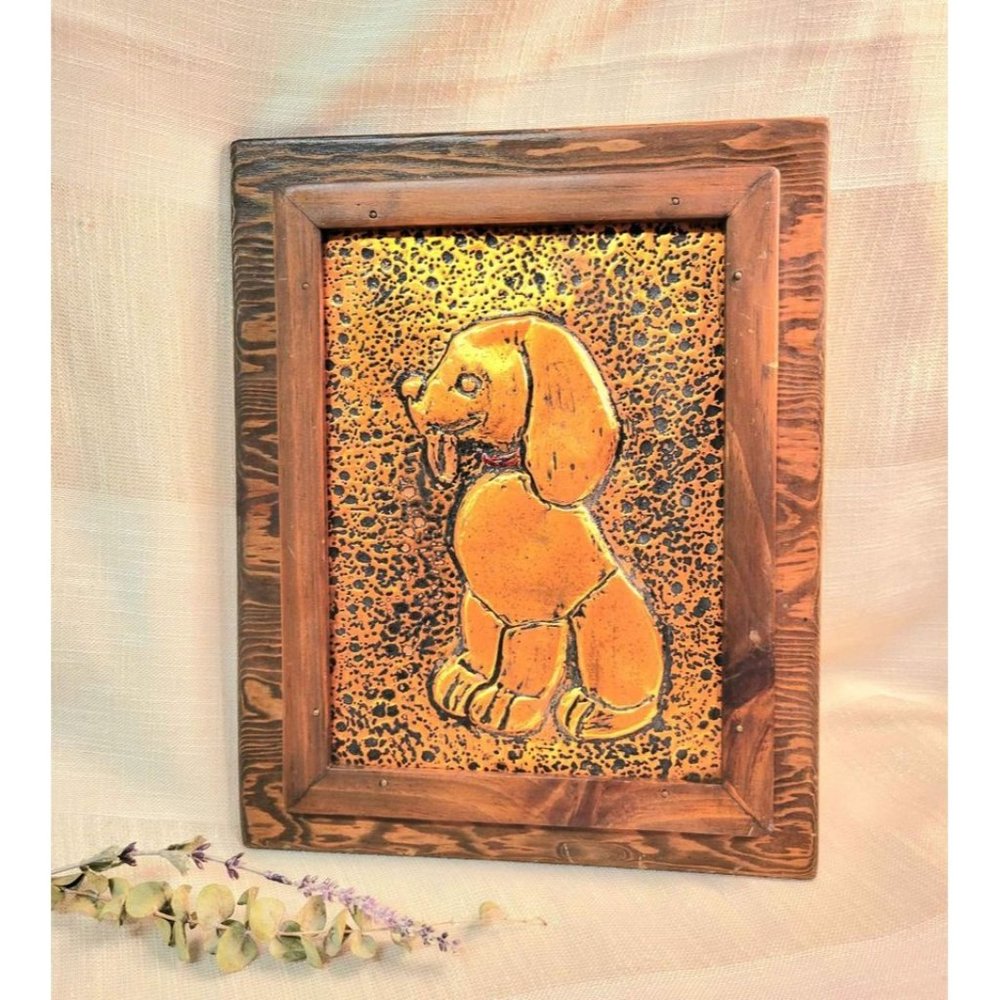 Vintage Embossed Copper + Wood Puppy Dog Art